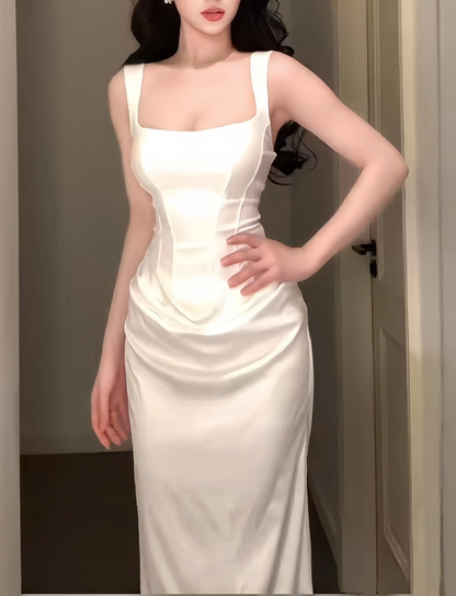 Vintage White Satin Square Neck Ruched Sheath Evening Gown TP6079