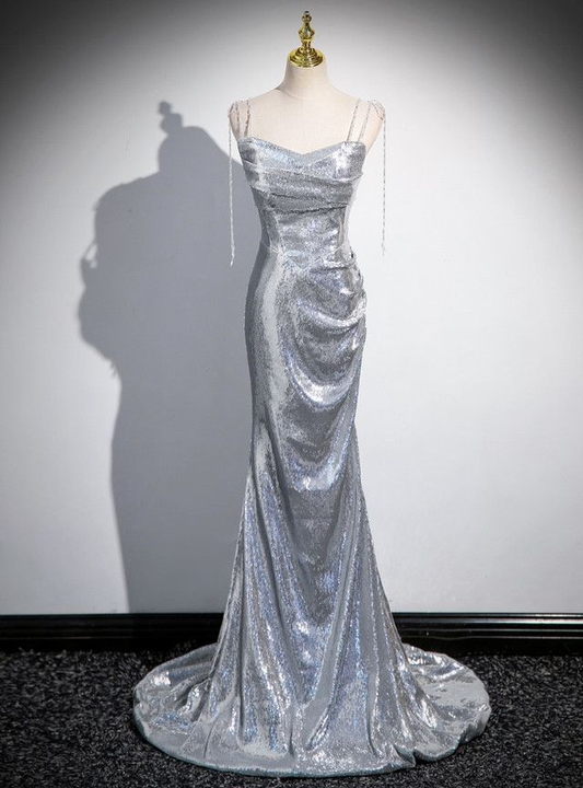 Glamorous Silver Sequin Spaghetti Strap Mermaid Gown with Ruched Bodice & Train Prom Dress TP5579