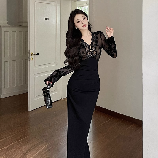 Women New Sexy Black Lace Long-sleeved Dress TP2897