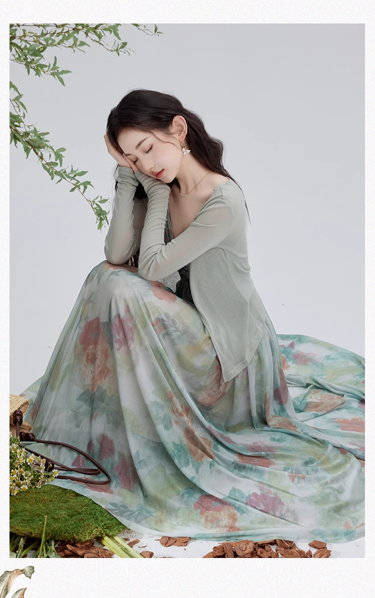 Vintage Fashion Floral Print Design Long-sleeved Cardigan A-line Long Spaghetti Strap Dress TP3335