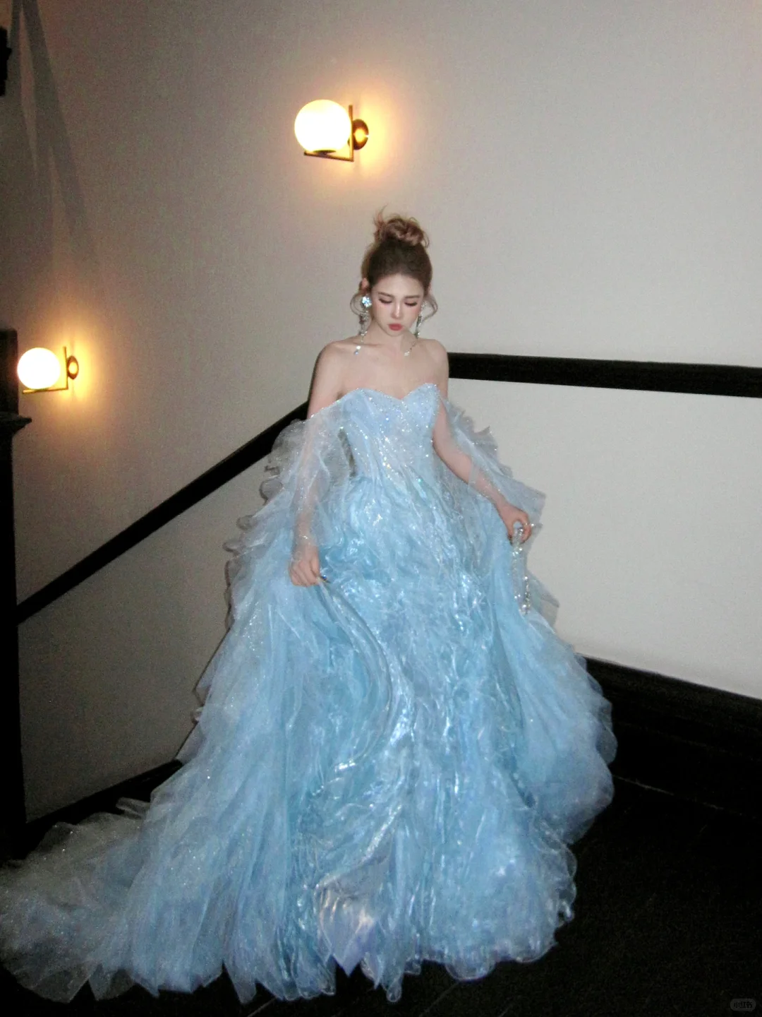 Gorgeous Shiny Light Blue Strapless Design A-Line Tulle Wedding Dress Prom Dress Evening Dress TP4235