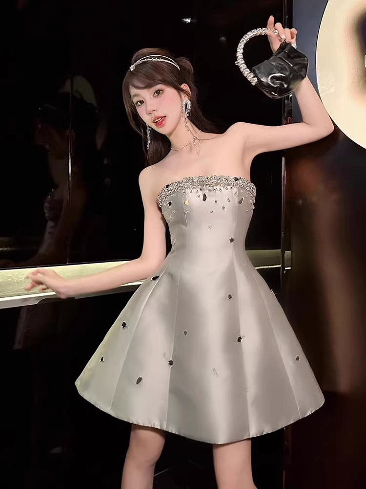 Vintage Silvery Beading Strapless Design A-line Party Dress Homecoming Dress TP3848
