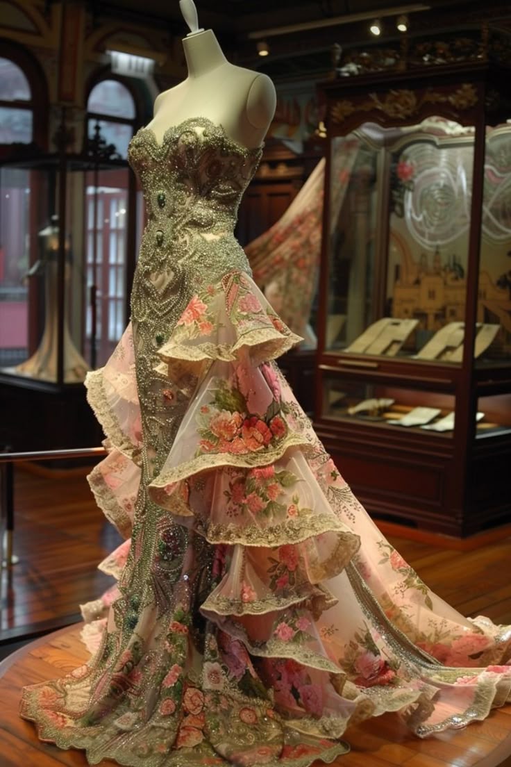 Exquisite Gold Embroidered Floral Ruffled Strapless Mermaid Beading Tiered Evening Gown TP5271