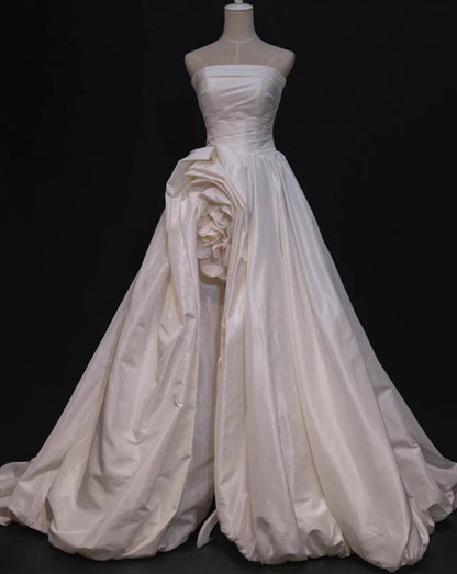 Chic Light Pink Satin Strapless A-Line High Slit Evening Gown Prom Dress TP5260