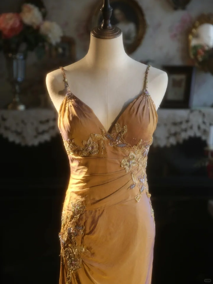 Vintage Saffron Yellow Spaghetti Strap Sequin Floral Applique Mermaid Evening Gown TP5530
