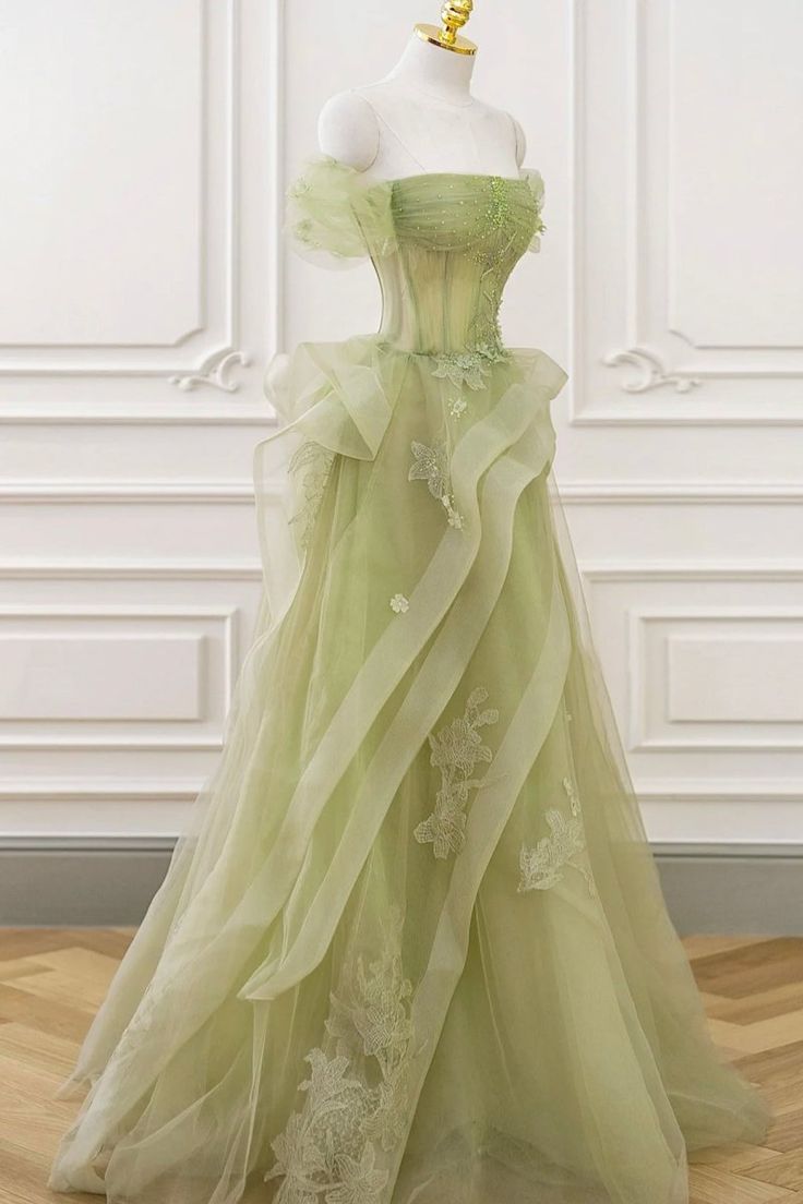Glamorous Sage Green Off-the-Shoulder Ball Gown with Corset Bodice and Tiered Tulle Skirt TP5759