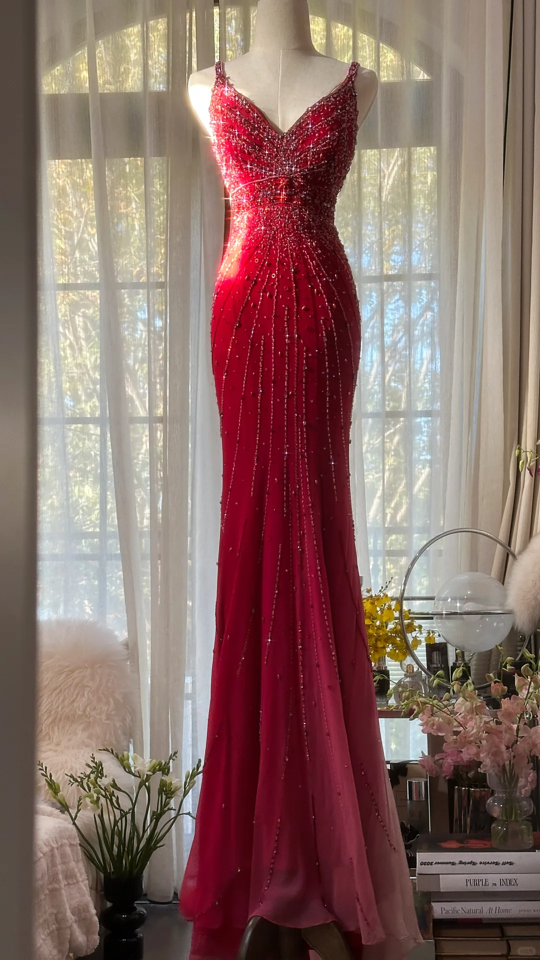 Retro Red V-neck Sparkling Beaded Mermaid Chiffon Ball Gown Evening Dress Prom Dress TP3970