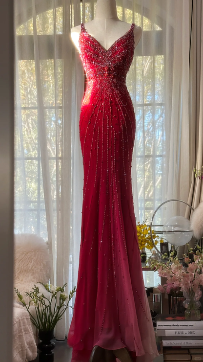 Retro Red V-neck Sparkling Beaded Mermaid Chiffon Ball Gown Evening Dress Prom Dress TP3970