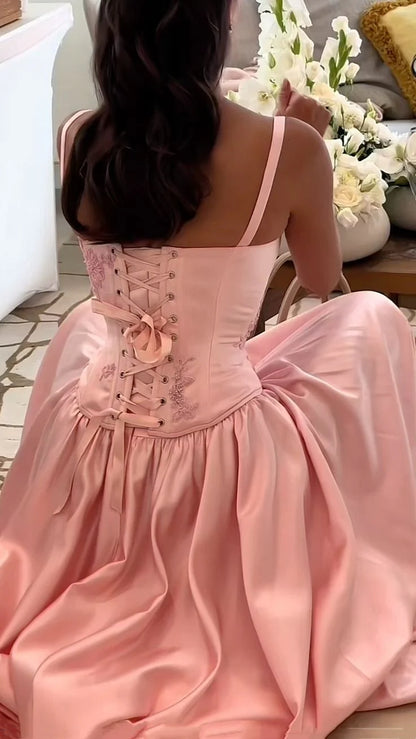 Beautiful Pink Spaghetti Strap Sweetheart A-Line Satin Party Dress Bridesmaid Dress TP4291