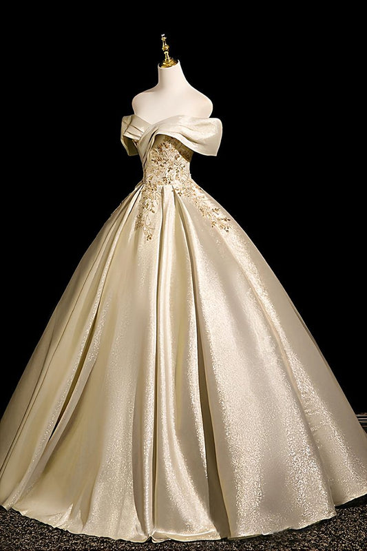 Elegant Champagne Gold Off-Shoulder Satin Beaded Embroidery Quinceanera Ball Gown TP5256