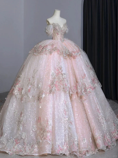 Vintage Pink Glittering Beaded Sweetheart Tulle Sweet 16 Quinceanera A-Line Off-the-shoulder Evening Dress Long Ball Gown TP4989