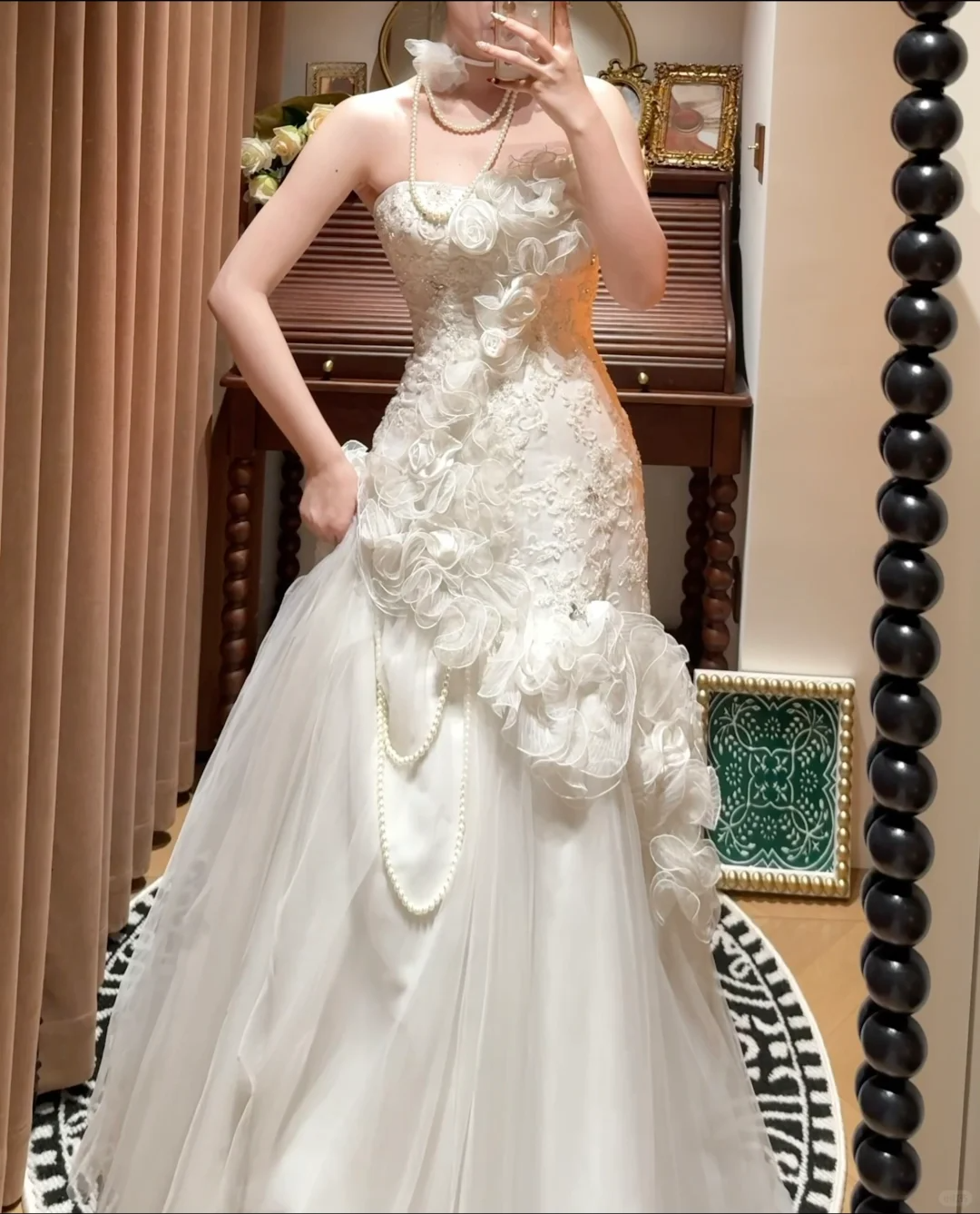 Glamorous Strapless 3D Floral Lace Mermaid Ruffled Embroidery Pearl Accents Wedding Dress TP5335