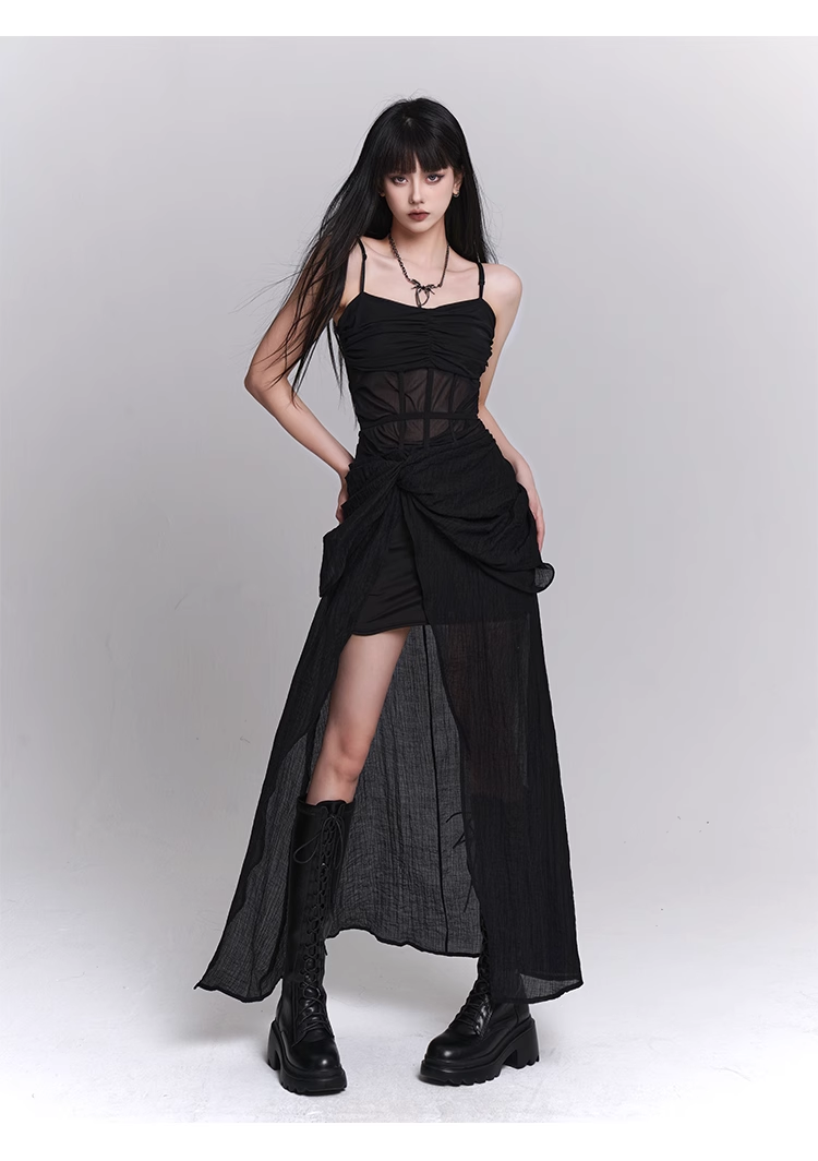 New Fashion Black Chiffon Spaghetti Strap Prom Dress Evening Dress TP2905