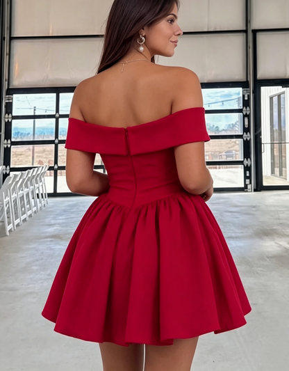 Vintage Red Off-the-Shoulder Bow A-Line Homecoming Dress TP5888