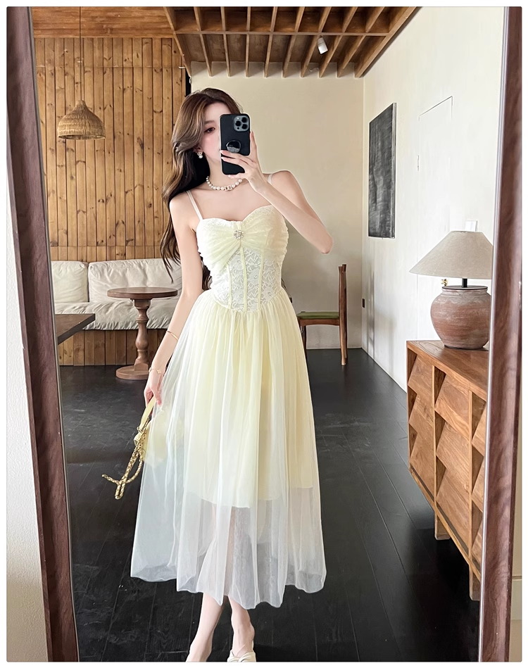 Simple Fashion Mesh Dress Design A-line Long High-waisted Spaghetti Strap Dress TP3331