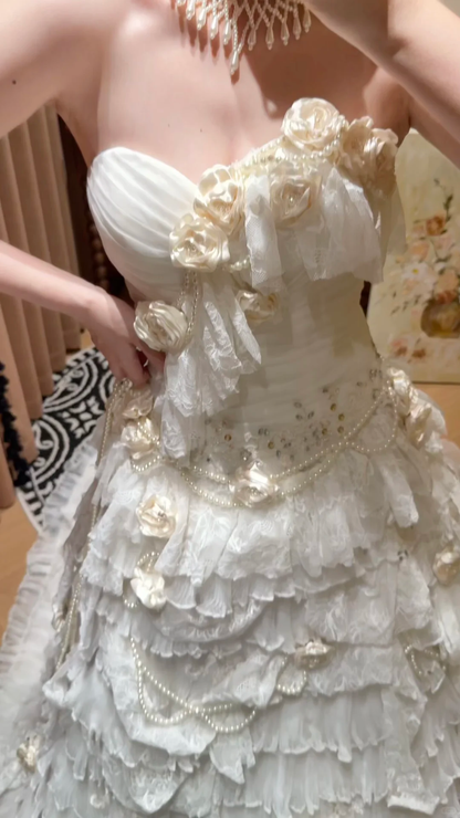 Vintage Strapless Ruffled Lace 3D Florals Pearl Accents Tiered Wedding Dress TP5327