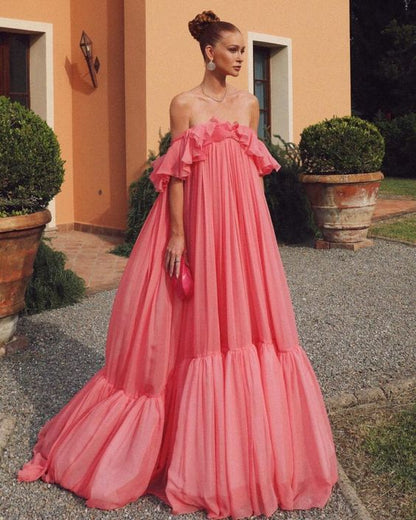 Vintage Pink Off-the-shoulder Prom Dress Long Pleated Evening Dress Formal Dress TP4574