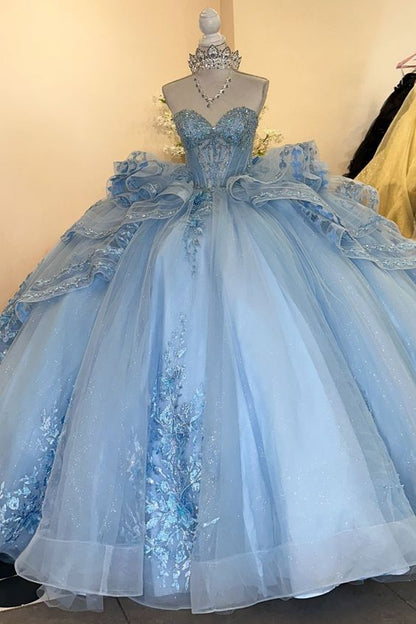 Glamorous Sky Blue Glitter Tulle Strapless Beaded Embroidery Sweet 15 Quinceanera Ball Gown TP5447