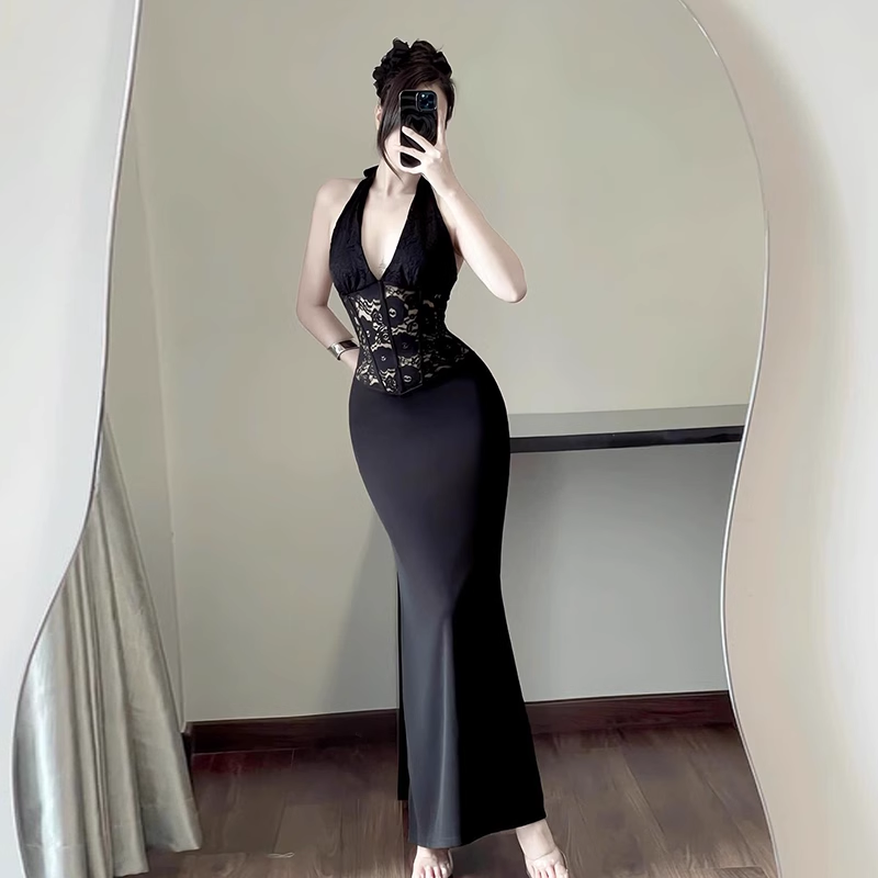 Women New Fashion Black Gauze Satin Halter Dress TP2870