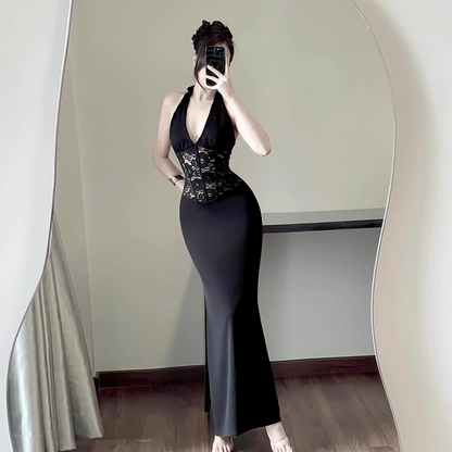 Women New Fashion Black Gauze Satin Halter Dress TP2870