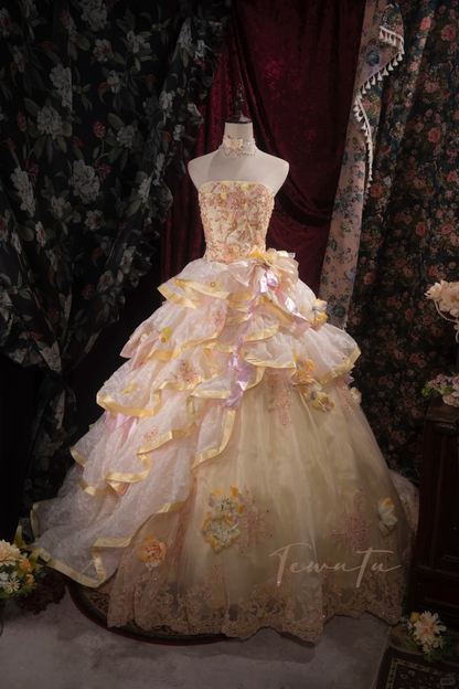 Vintage-Inspired Cream & Pink Tiered Strapless Beaded Floral Appliqués Ball Gown TP5796