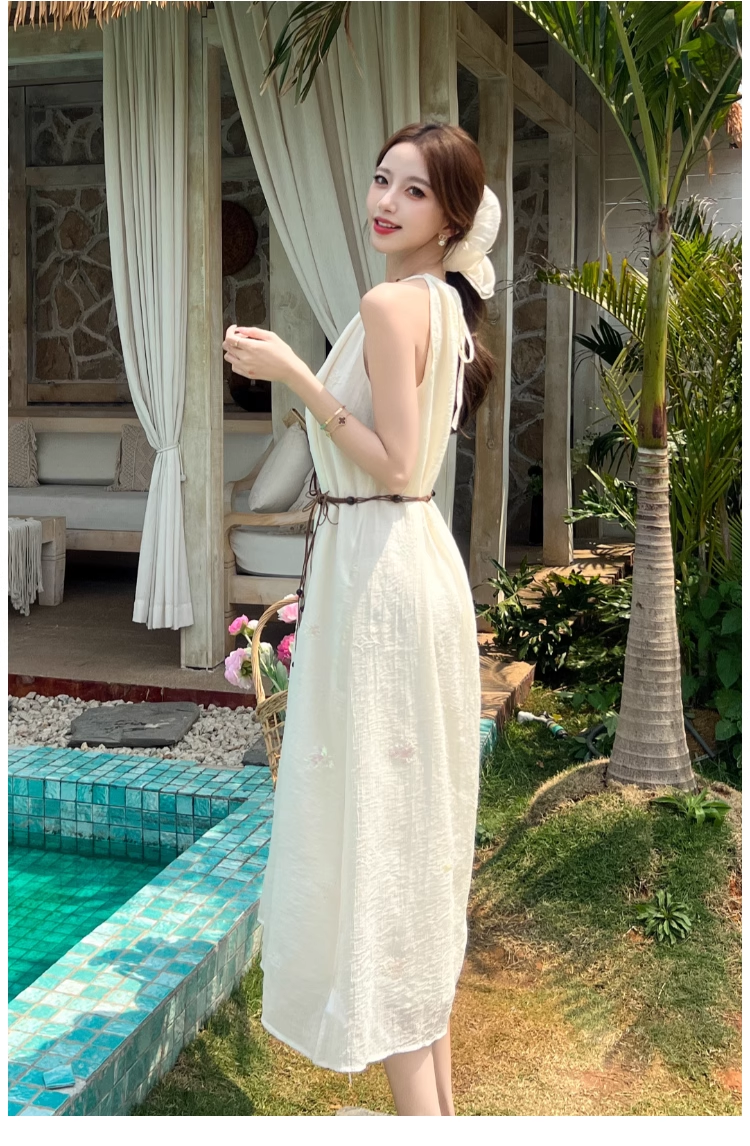 Simple Fashion White Sleeveless Design Beach Holiday A-line with Belt Jacquard Halter Dress TP3379