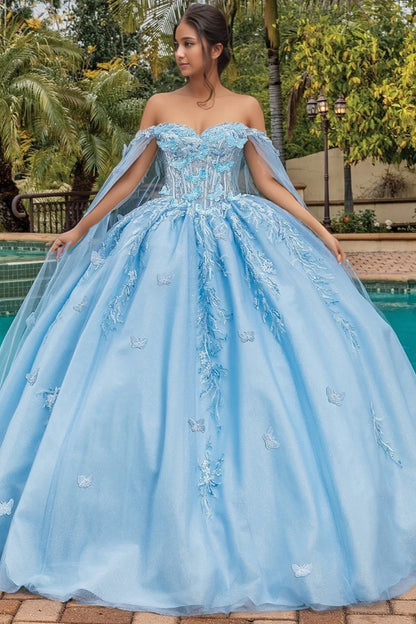 Glamorous Sky Blue Glitter Tulle Off-the-Shoulder Embroidered 3D Butterfly Sweet 15 Quinceanera Ball Gown TP5437