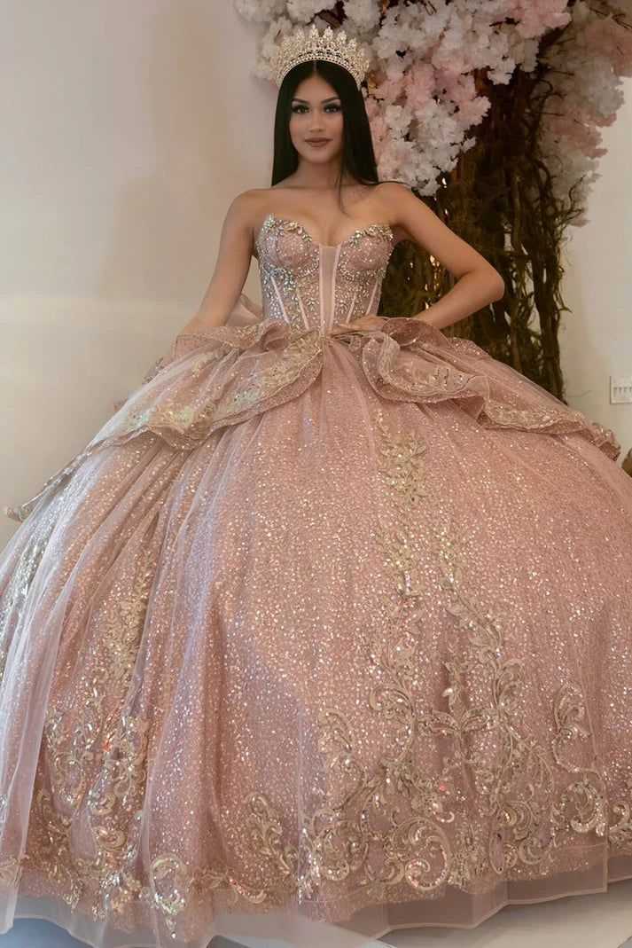 Elegant Pink Sequined Embroidery Sweetheart Strapless Quinceanera Ball Gown TP5242