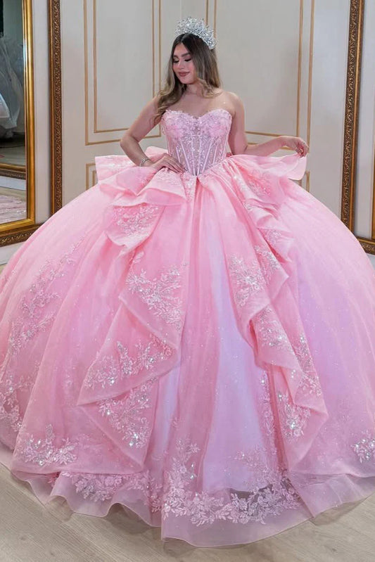 Elegant Pink Sweetheart Embroidered Sequins Quinceanera Ball Gown TP5244