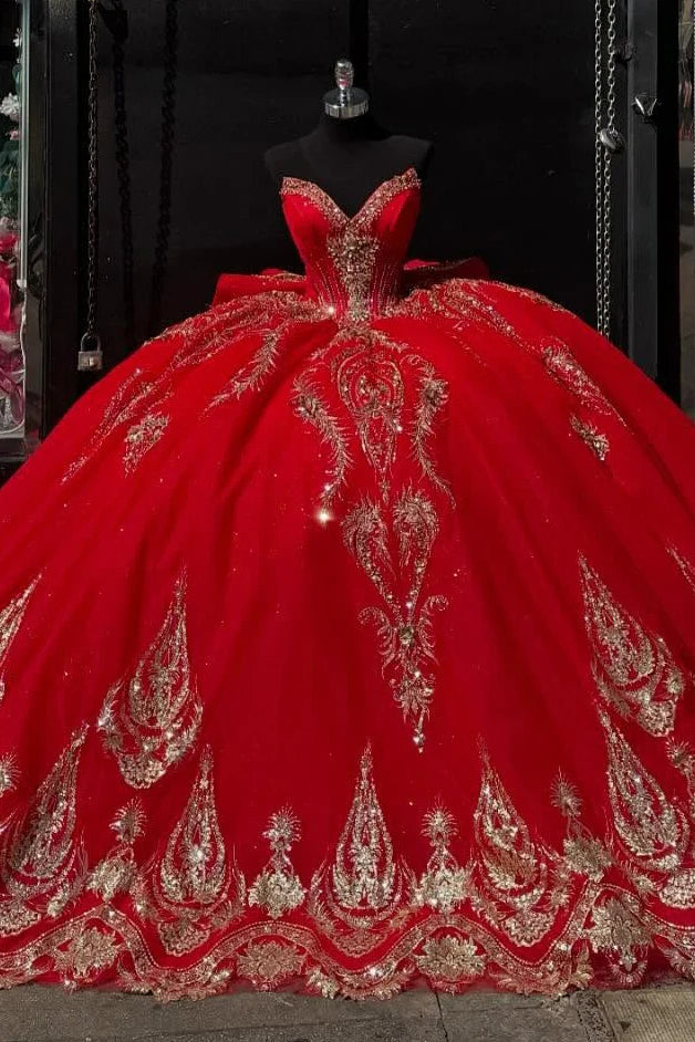 Elegant Red Sweetheart Golden Embroidered Sequins Quinceanera Ball Gown TP5243