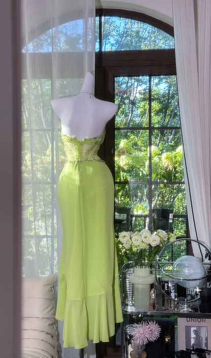 Vintage Lime Green Strapless Sweetheart Mermaid Prom Dress Beaded Ruffle Chiffon Evening Gown with Asymmetrical Hem TP5741