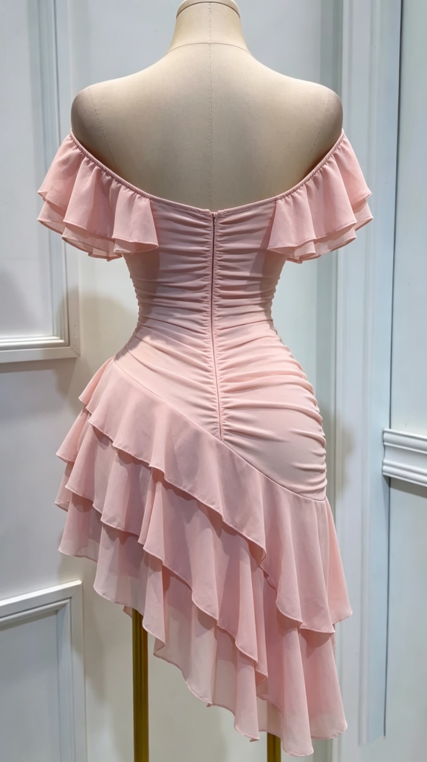 Vintage Pink Off-the-Shoulder Ruffle Tiered A-Line Homecoming Dress TP5882