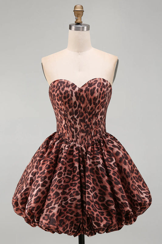 Vintage Leopard Print Strapless Sweetheart Corset Bubble A-Line Homecoming Dress TP6025
