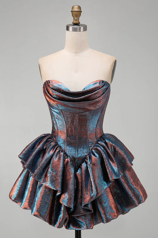 Vintage Iridescent Strapless Ruffle Mini A-Line Homecoming Dress TP6024