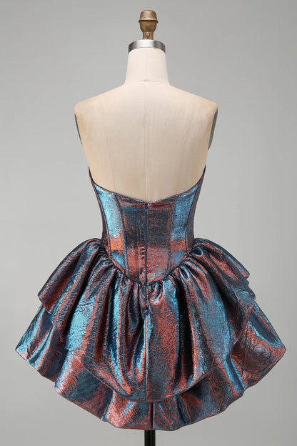 Vintage Iridescent Strapless Ruffle Mini A-Line Homecoming Dress TP6024