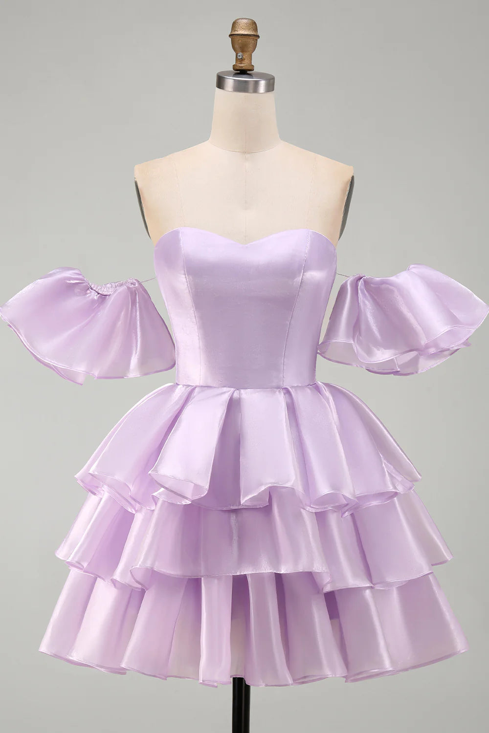 Vintage Lavender Sweetheart Off-the-Shoulder Puff Sleeve Tiered Satin A-Line Homecoming Dress TP6023