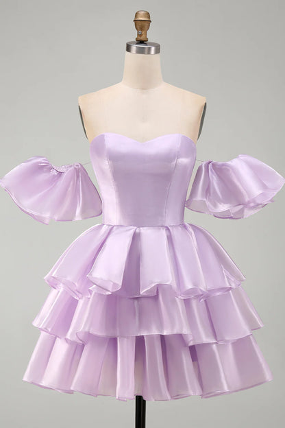 Vintage Lavender Sweetheart Off-the-Shoulder Puff Sleeve Tiered Satin A-Line Homecoming Dress TP6023