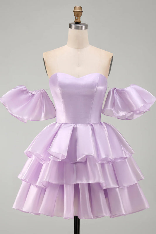 Vintage Lavender Sweetheart Off-the-Shoulder Puff Sleeve Tiered Satin A-Line Homecoming Dress TP6023