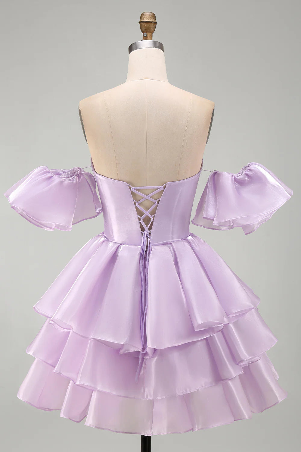 Vintage Lavender Sweetheart Off-the-Shoulder Puff Sleeve Tiered Satin A-Line Homecoming Dress TP6023