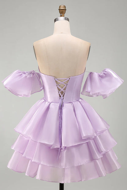 Vintage Lavender Sweetheart Off-the-Shoulder Puff Sleeve Tiered Satin A-Line Homecoming Dress TP6023
