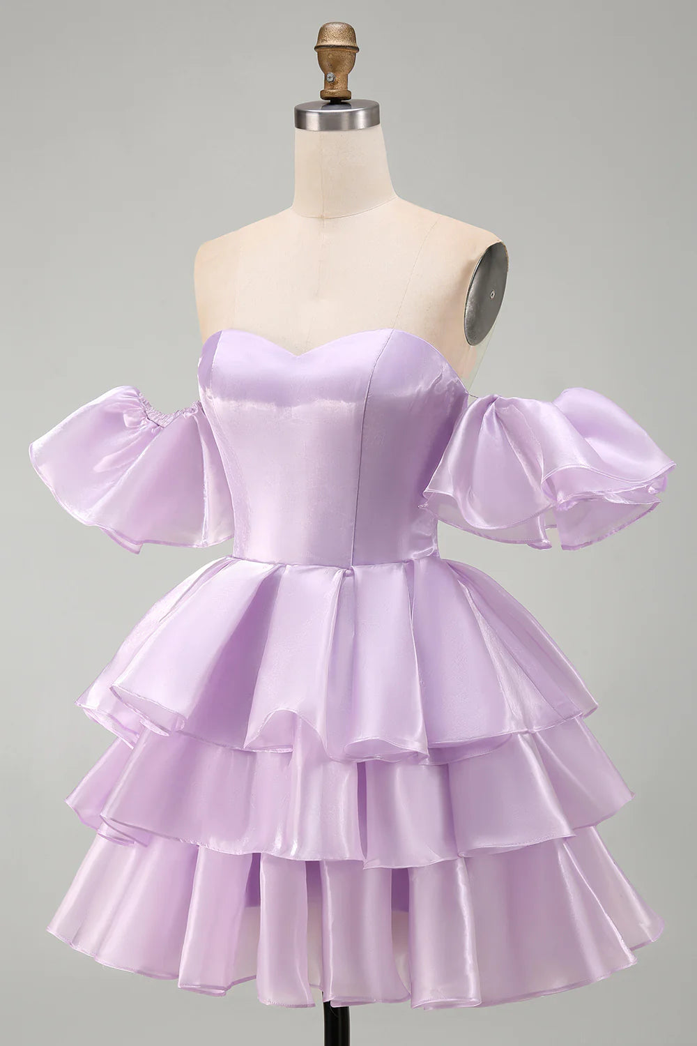 Vintage Lavender Sweetheart Off-the-Shoulder Puff Sleeve Tiered Satin A-Line Homecoming Dress TP6023