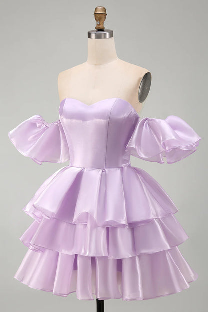 Vintage Lavender Sweetheart Off-the-Shoulder Puff Sleeve Tiered Satin A-Line Homecoming Dress TP6023