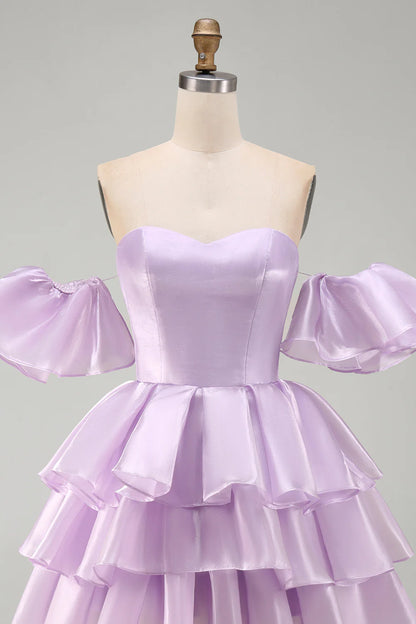 Vintage Lavender Sweetheart Off-the-Shoulder Puff Sleeve Tiered Satin A-Line Homecoming Dress TP6023
