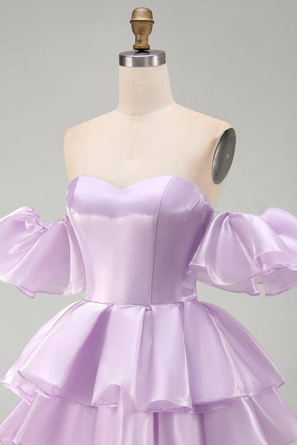 Vintage Lavender Sweetheart Off-the-Shoulder Puff Sleeve Tiered Satin A-Line Homecoming Dress TP6023