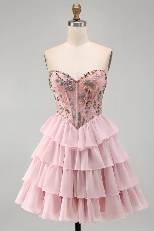 Vintage Pink Strapless Beaded Corset Tiered Chiffon A-Line Homecoming Dress TP6022