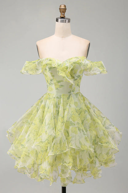Vintage Off-the-Shoulder Ruffle Light Green Floral Organza Layered A-Line Homecoming Dress TP6021