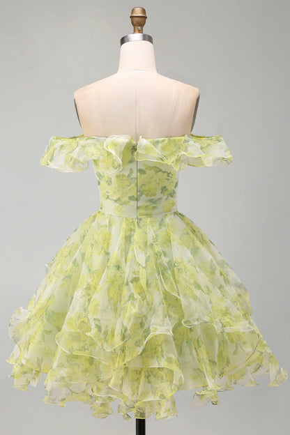 Vintage Off-the-Shoulder Ruffle Light Green Floral Organza Layered A-Line Homecoming Dress TP6021