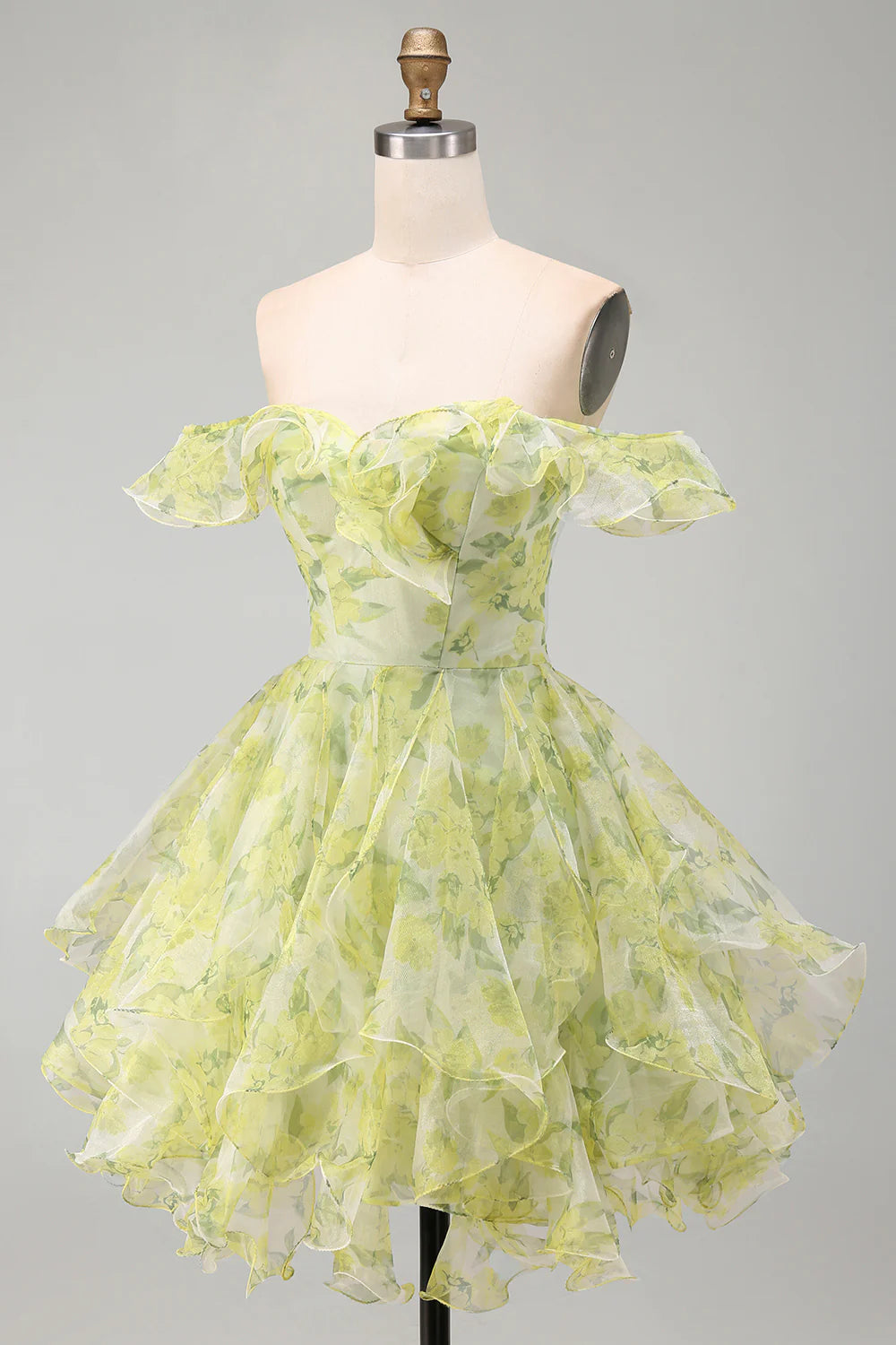 Vintage Off-the-Shoulder Ruffle Light Green Floral Organza Layered A-Line Homecoming Dress TP6021