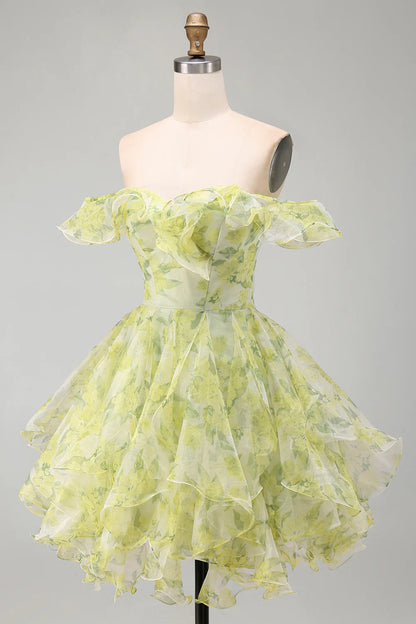 Vintage Off-the-Shoulder Ruffle Light Green Floral Organza Layered A-Line Homecoming Dress TP6021