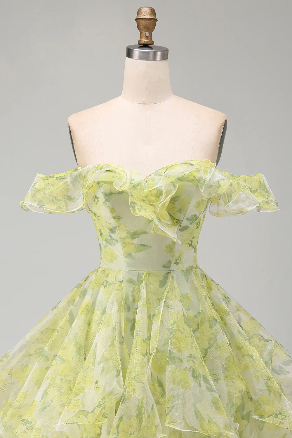 Vintage Off-the-Shoulder Ruffle Light Green Floral Organza Layered A-Line Homecoming Dress TP6021